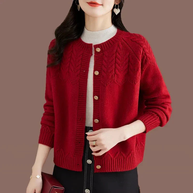 Women's wool blend cardigan sweater, relaxed fit, button front knit in cozy neutral tones for everyday style