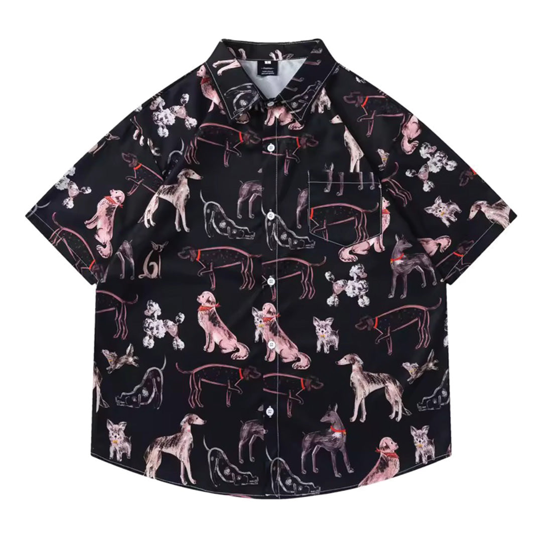 Olive green camp collar shirt with all-over illustrated dog print, 100% breathable cotton relaxed fit