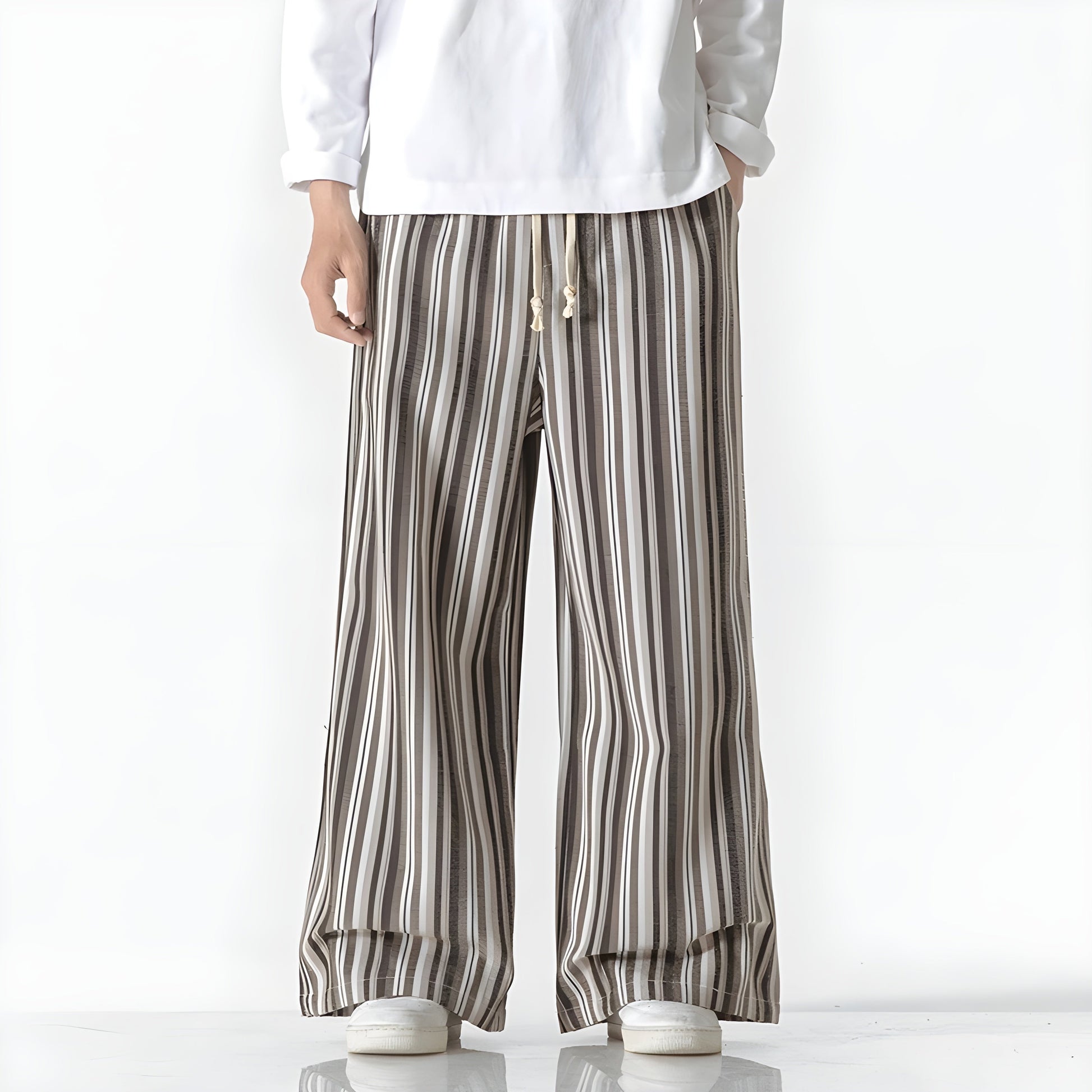 Women's wide-leg cotton striped pants elastic waist relaxed fit breathable Osaka style