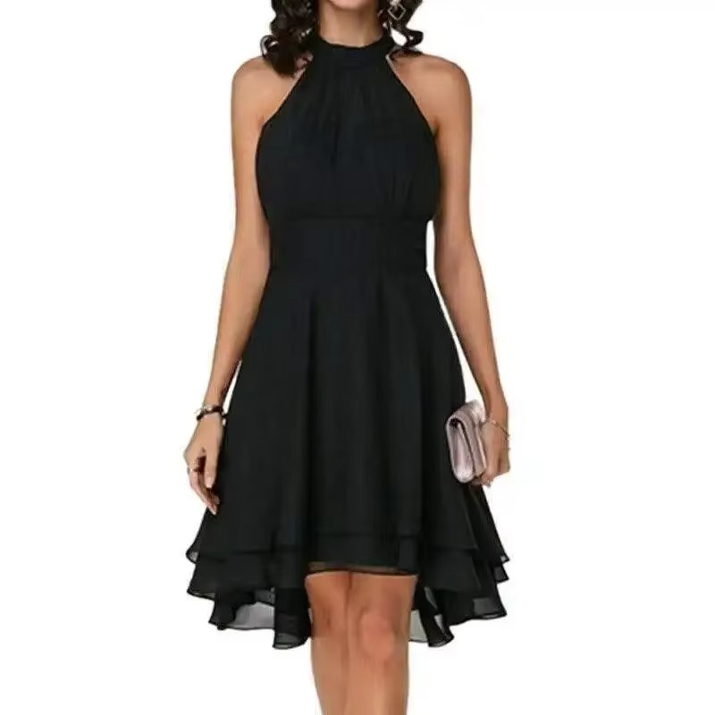 Women's sleeveless halter neck dress with ruffle hem, elegant chic silhouette for day to night wear