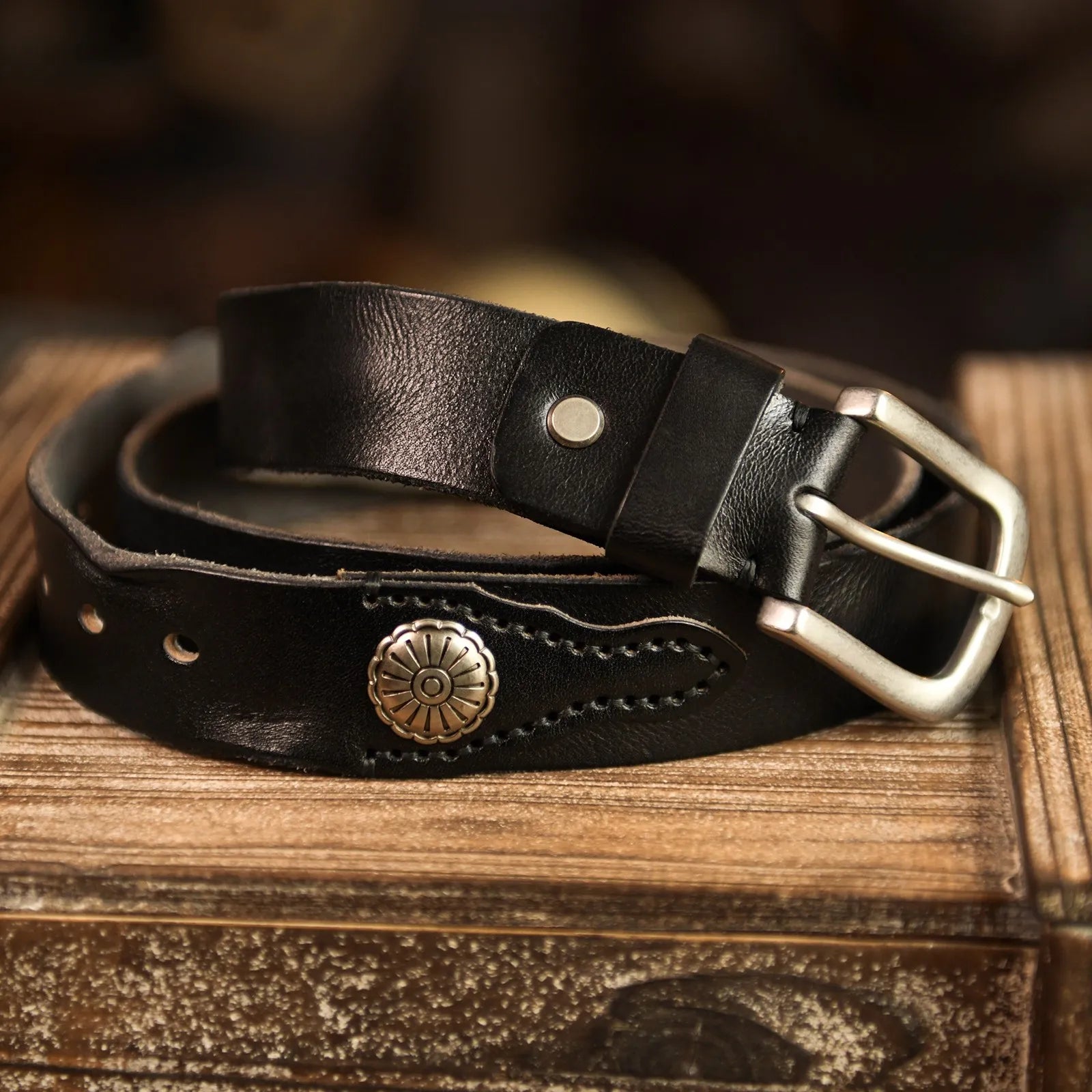 Men's distressed brown cowskin leather Western belt with rugged finish and authentic character