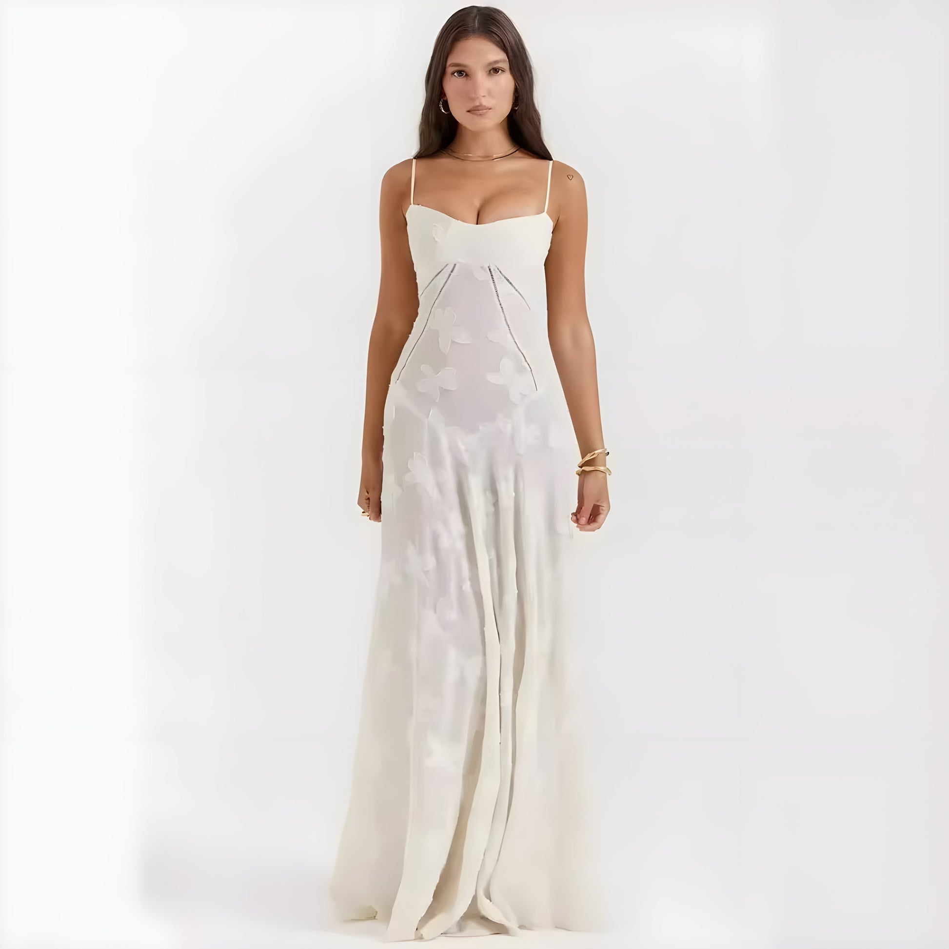 Ivory floral jacquard maxi dress with structured sweetheart bodice, elegant wedding guest silhouette