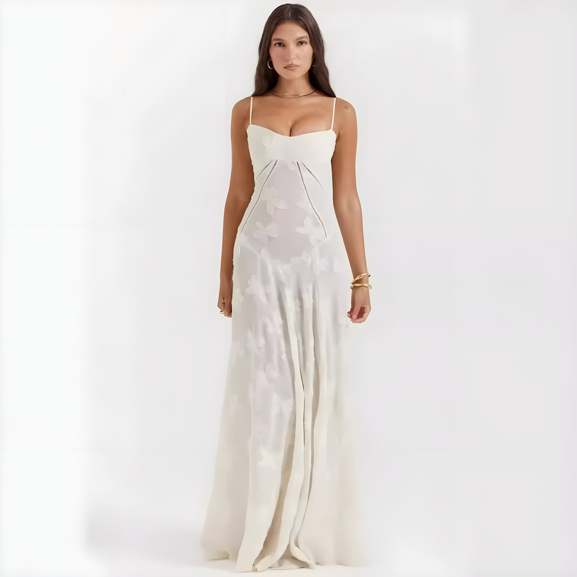 Ivory floral jacquard maxi dress with structured sweetheart bodice, elegant wedding guest silhouette