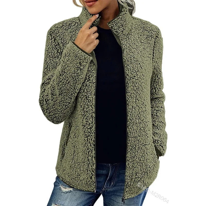 Women's cozy fleece jacket soft warm fabric versatile everyday casual style comfortable fit