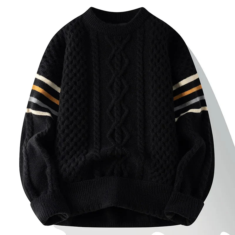 Women's cable knit sweater with contrasting striped sleeves, cozy texture, modern sporty style