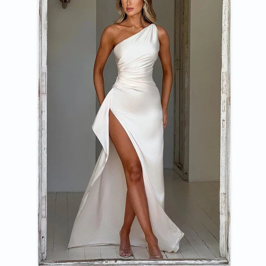 Lily one-shoulder satin evening dress in sleek drape with ruched waist and thigh-high slit