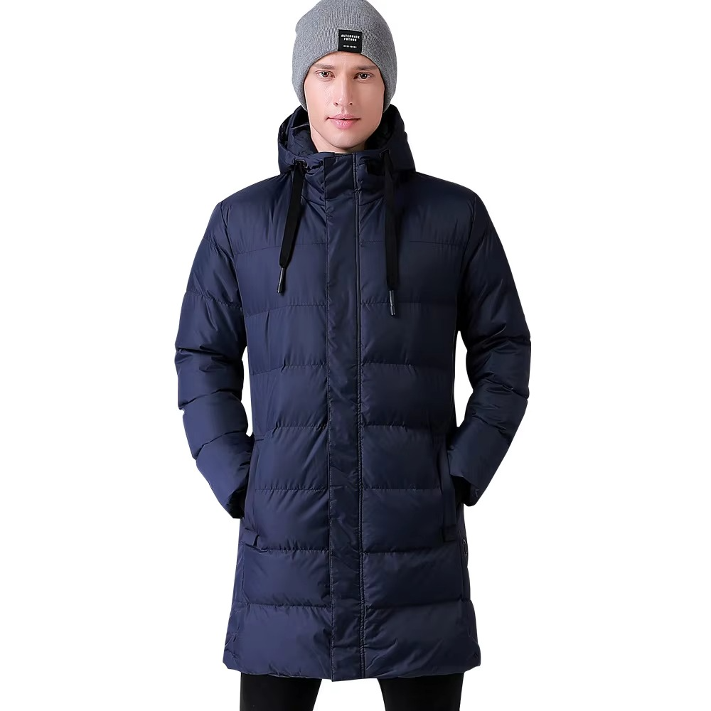 Long black hooded heated down coat with USB warming technology for outdoor winter adventures