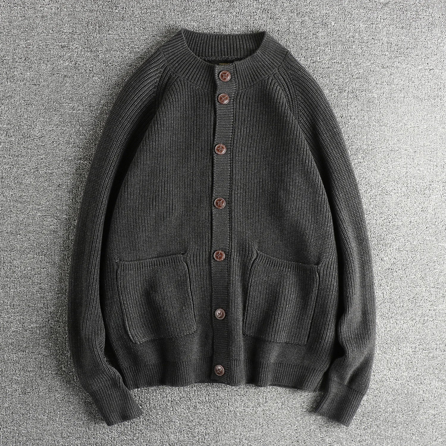 Unisex relaxed fit ribbed knit button cardigan with pockets, timeless layering essential