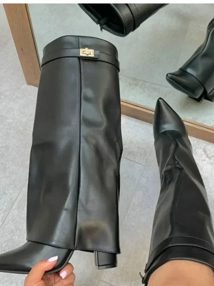 Mia women's black leather thigh-high boots with polished side buckle for sculpted silhouette
