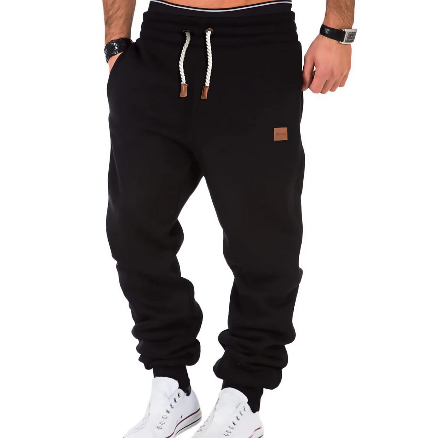 Men's gray casual jogger pants with plush lining, tapered fit, and adjustable drawstring waistband