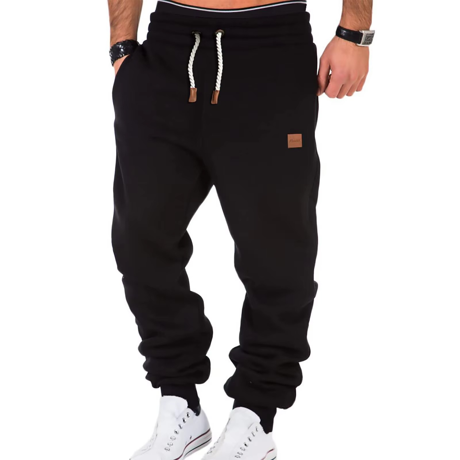 Men's gray casual jogger pants with plush lining, tapered fit, and adjustable drawstring waistband