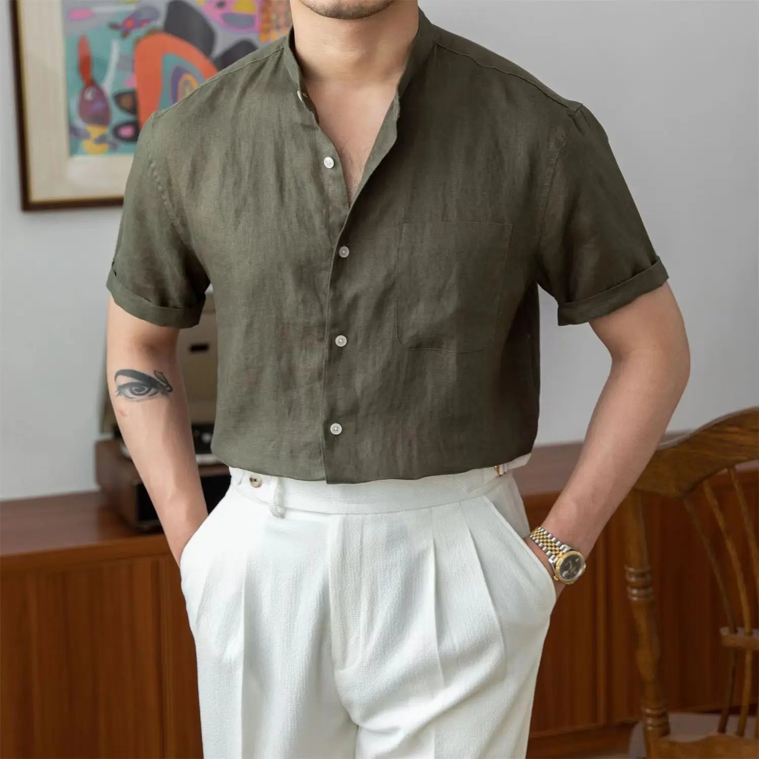 Men's beige linen shirt relaxed fit Mandarin collar long sleeve breathable casual style