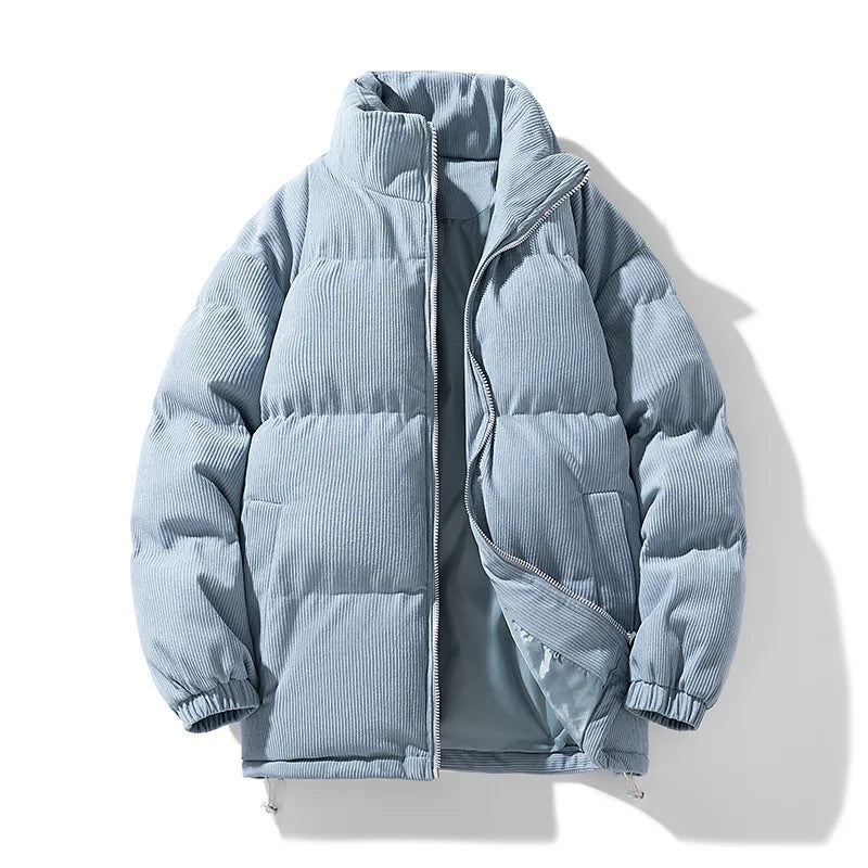 Men's oversized corduroy puffer jacket with quilted texture, relaxed silhouette for casual all-season wear