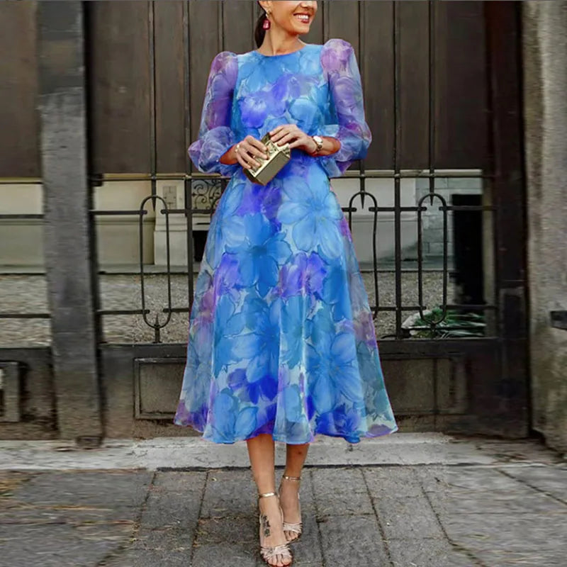 Alexa floral midi dress for women, sheer long sleeves, flowy silhouette, elegant wedding guest style