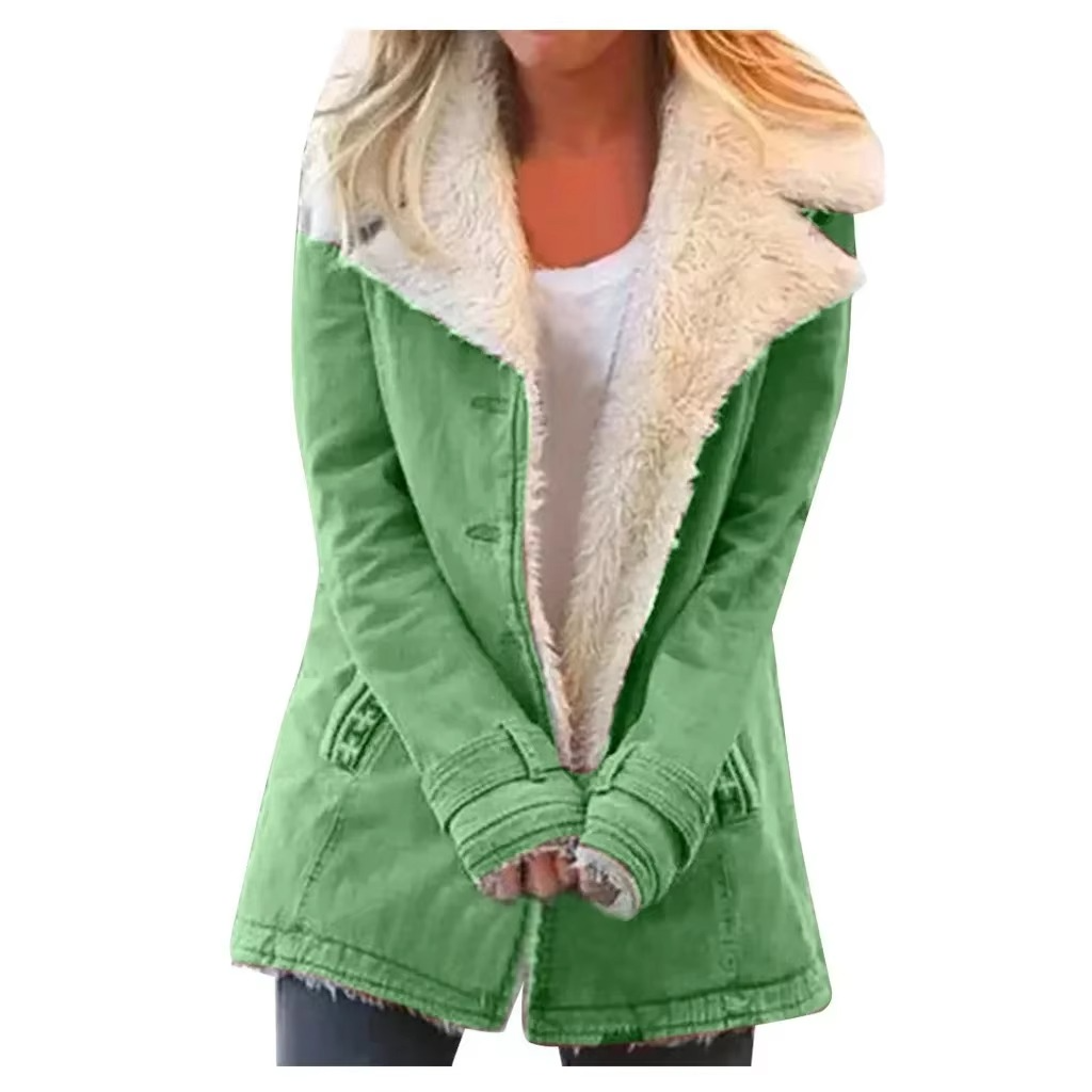 Women's plush lapel coat jacket cozy polyester blend chic parka for autumn winter warmth