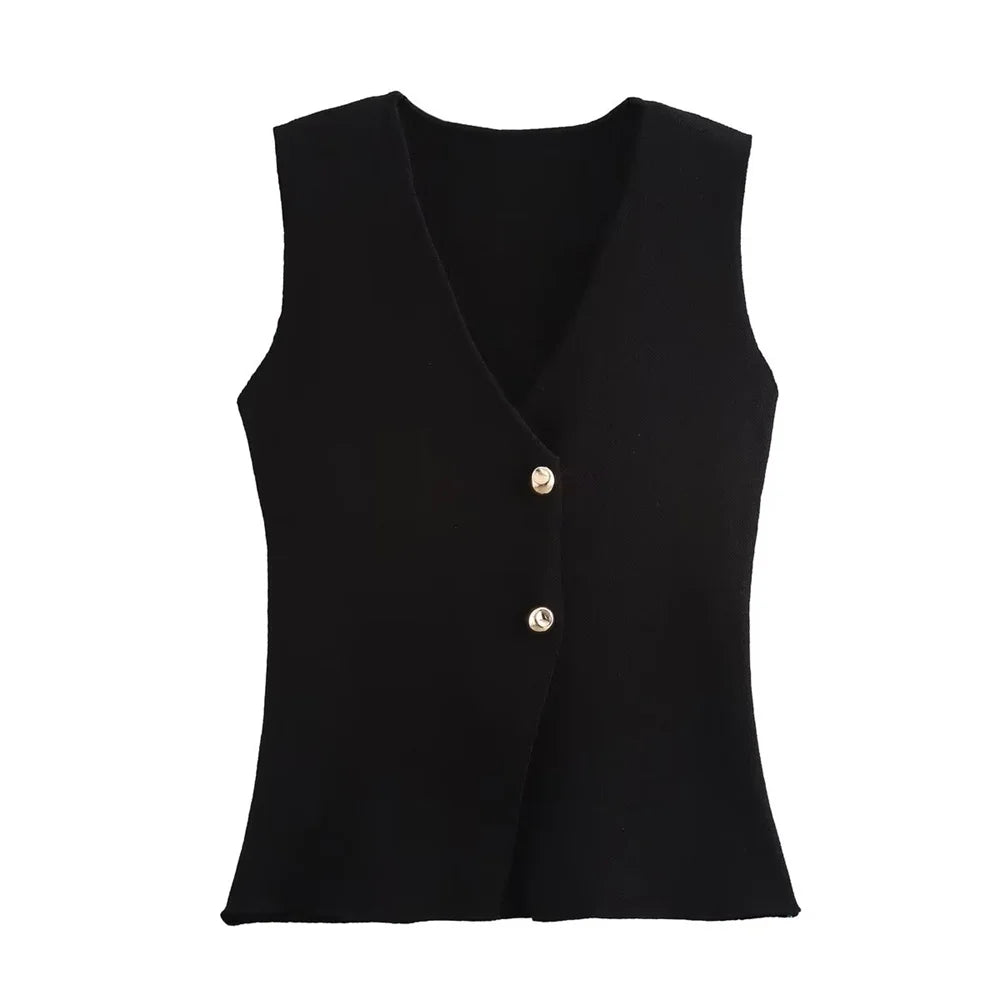 Ivory tricot knit waistcoat sculpted silhouette asymmetric wrap front gold button detail