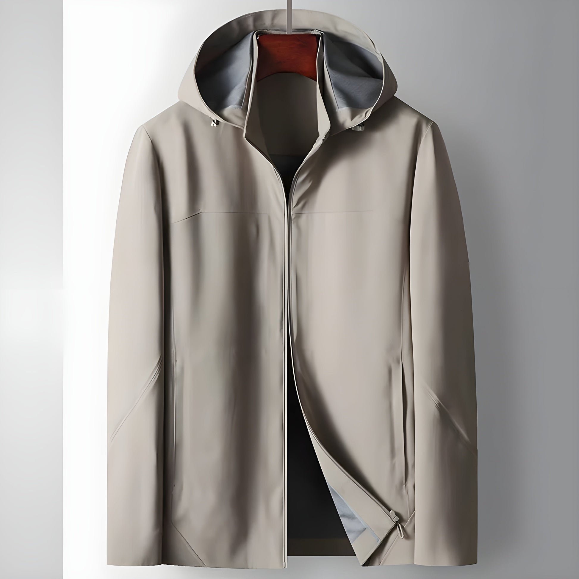 Men's beige lightweight insulated windbreaker zip-up minimalist structured urban fit smooth finish