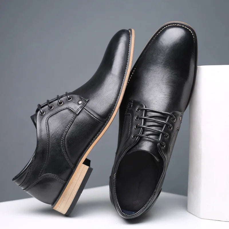 Men's brown genuine leather Oxford shoes classic British silhouette low profile sole polished finish