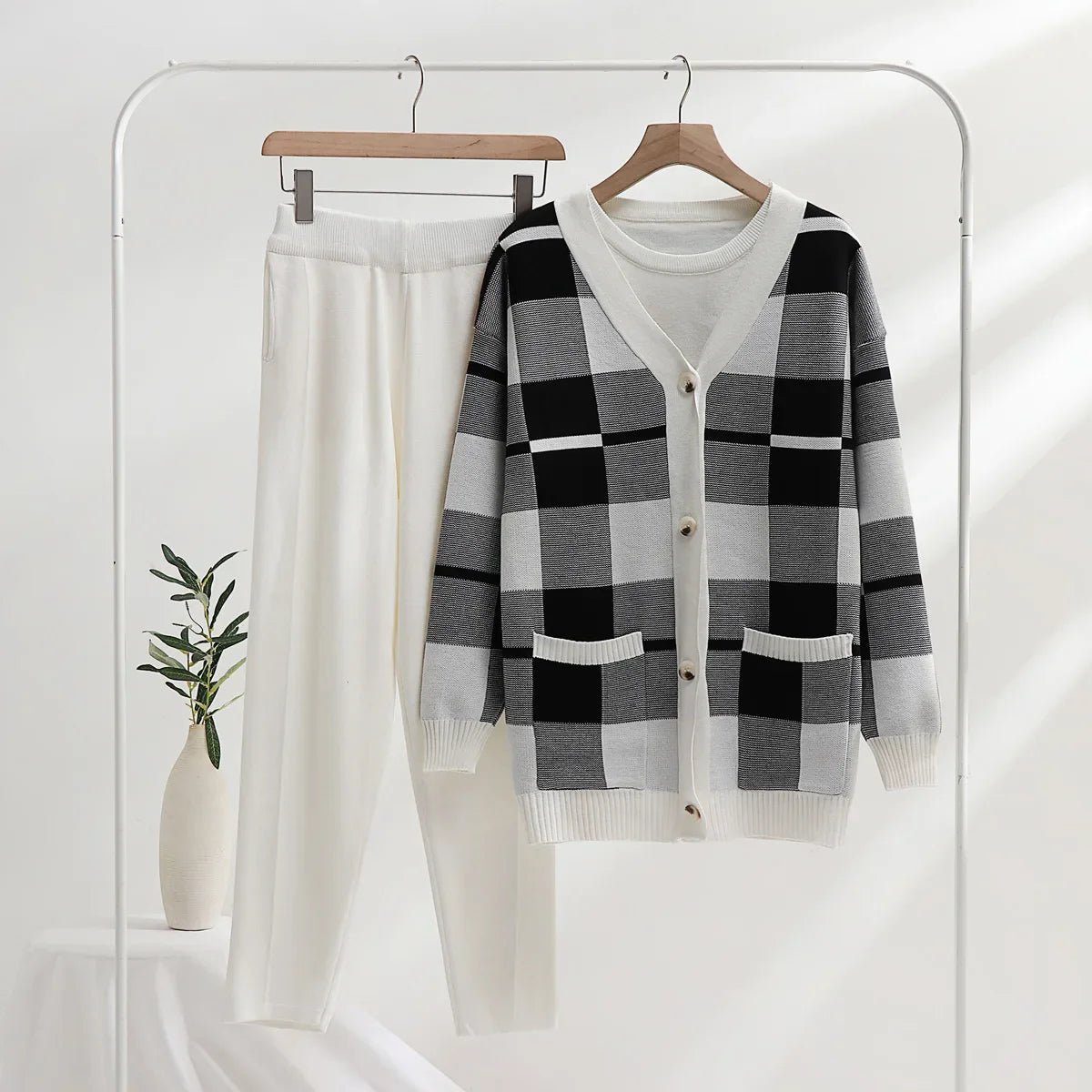 Women's plaid soft knit 3-piece lounge set cardigan tank top pants coordinated chic comfort