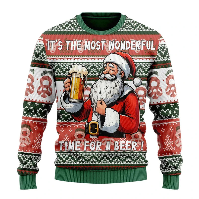 Men's red cozy Christmas sweater with funny festive holiday print, relaxed fit winter pullover