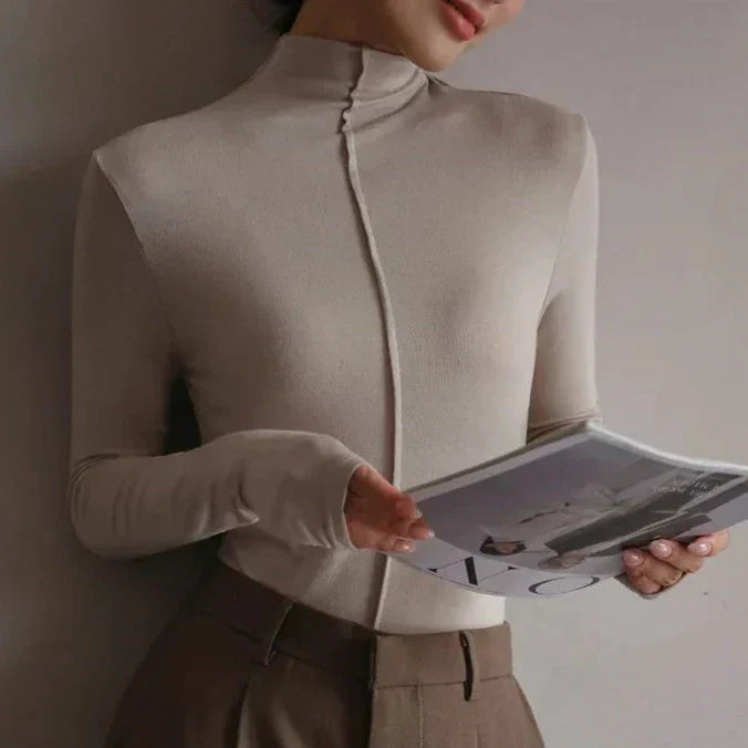 Women's slim fit turtleneck top in stretch fabric, minimalist long-sleeve style with figure-skimming silhouette