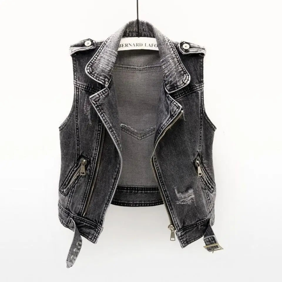Distressed denim vest blue asymmetric moto zip belted hem streetwear heavyweight structured layer