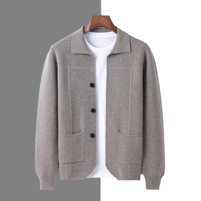 Men's merino wool polo neck sweater, sporty tailored fit with ribbed cuffs, soft breathable layering essential