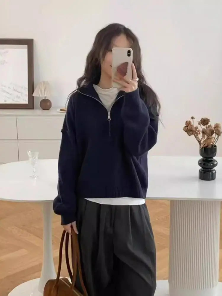 Women's high neck knit sweater half-zip closure cozy acrylic pullover layering essential
