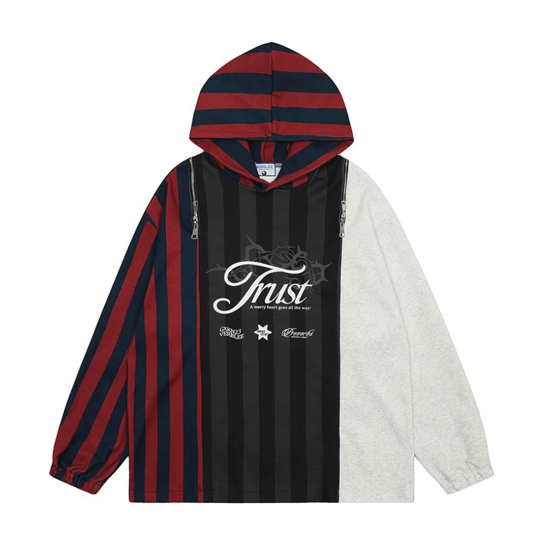 Striped patchwork hoodie with Trust graphic print, shoulder zip detail, breathable cotton-poly streetwear
