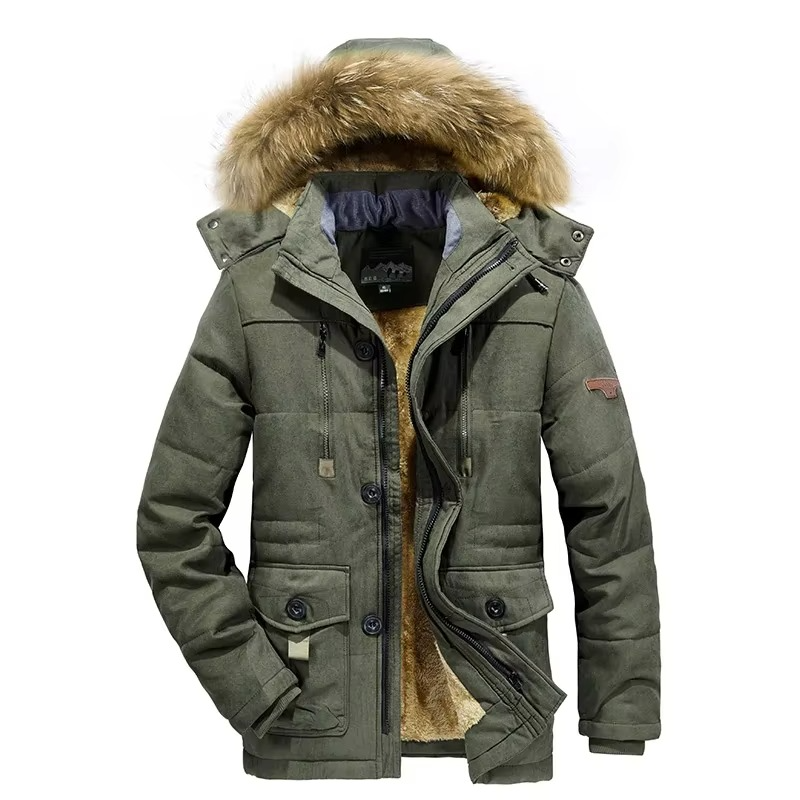 Men's dark winter parka jacket with thick fleece lining, rugged hooded cut for cold weather hiking