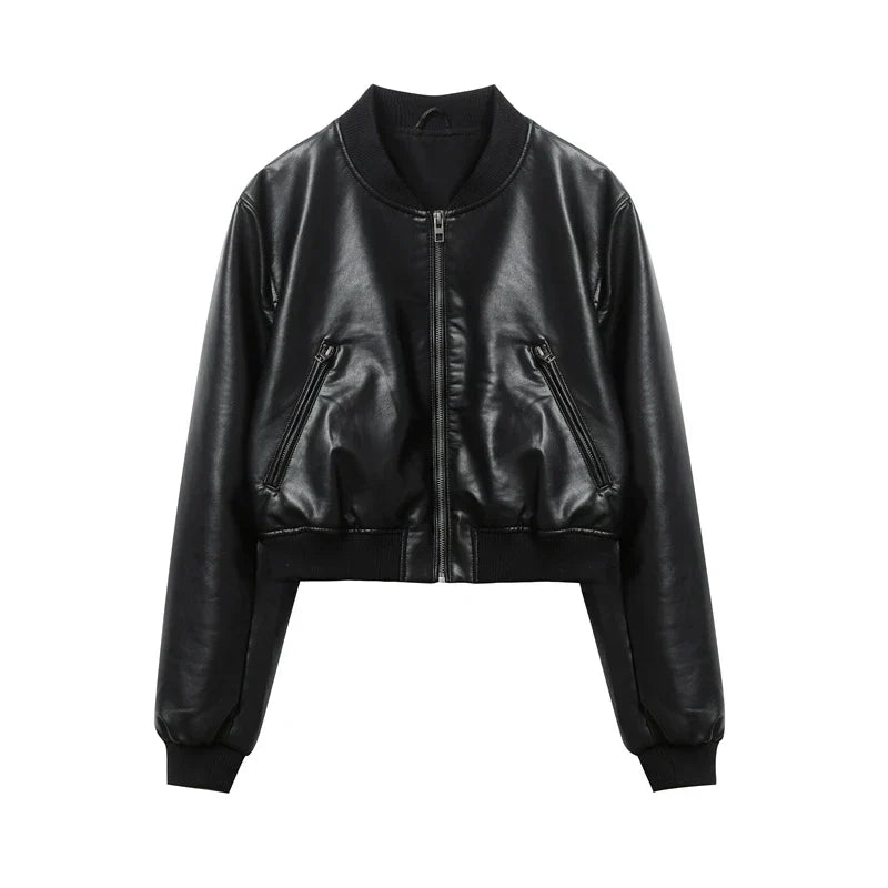 Men's black polished leather bomber jacket with snug ribbed cuffs and front zipper, classic urban style