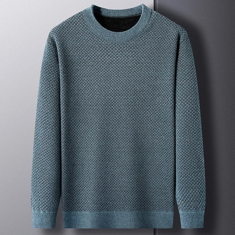 Men's textured wool crewneck sweater in neutral tone with distinctive knit pattern for cozy warmth