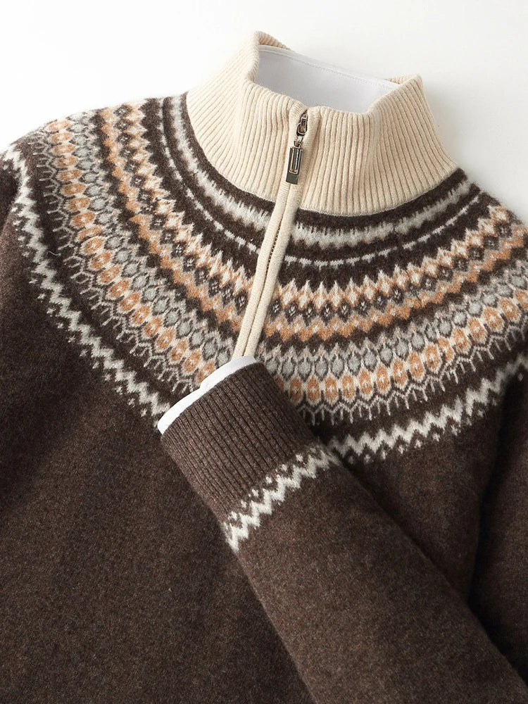 Men's navy Nordic pattern half-zip knit sweater with Scandinavian yoke design for winter layering