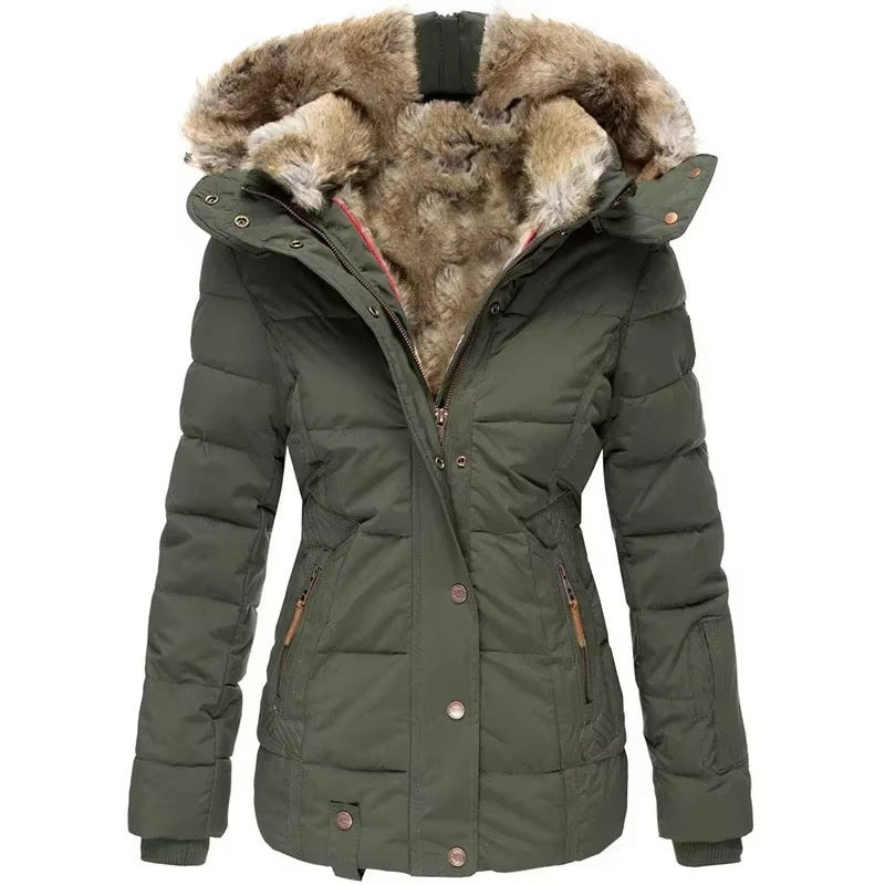 Women's slim fit hooded cotton coat with wool collar, chic everyday outerwear for warmth