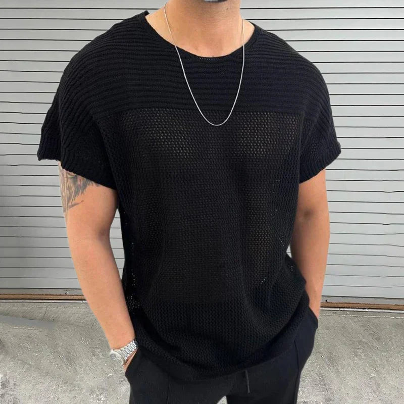 Men's breathable mesh-knit tee O-neck relaxed fit lightweight streetwear summer shirt