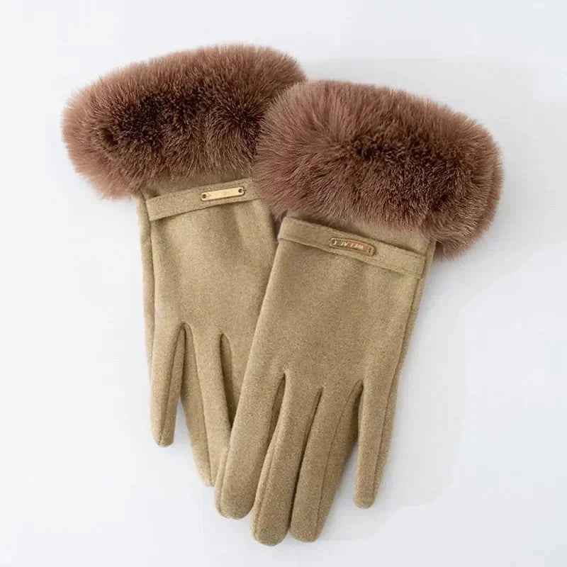 Women's wrist-length gloves with fur trim and strap detail, elegant chic winter style