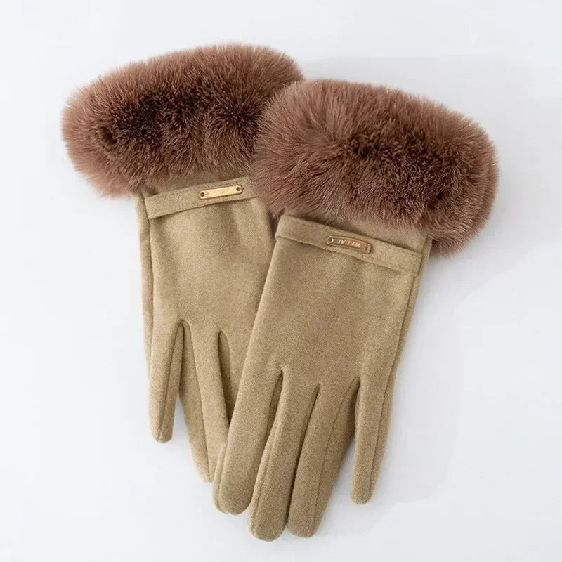 Women's fitted wrist-length gloves with plush fur cuff and subtle metallic accent for elegant style