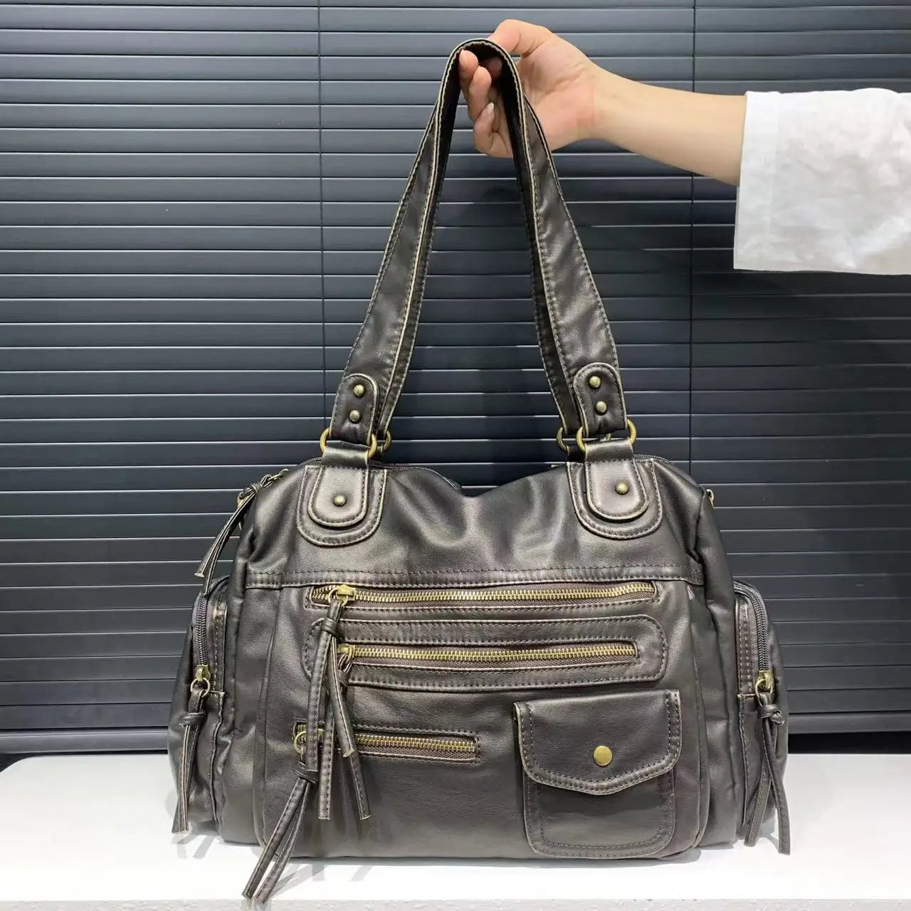 Brenda vegan leather shoulder satchel bag with detachable strap, spacious compartments for work and travel