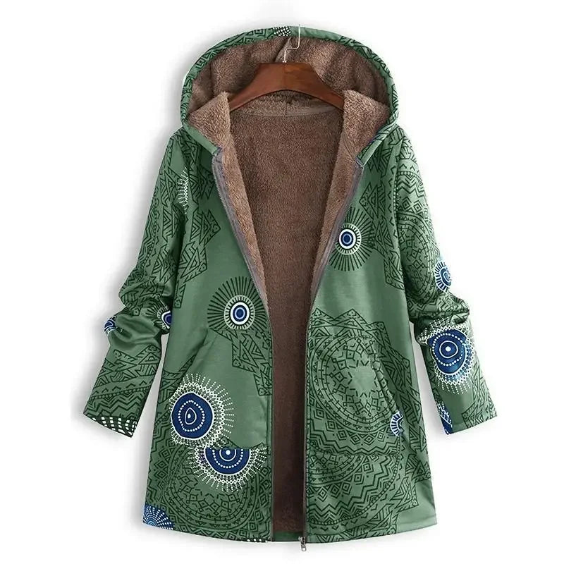 Women's Sanja parka with bold patterned design, cozy fit, and durable warmth for cold weather style