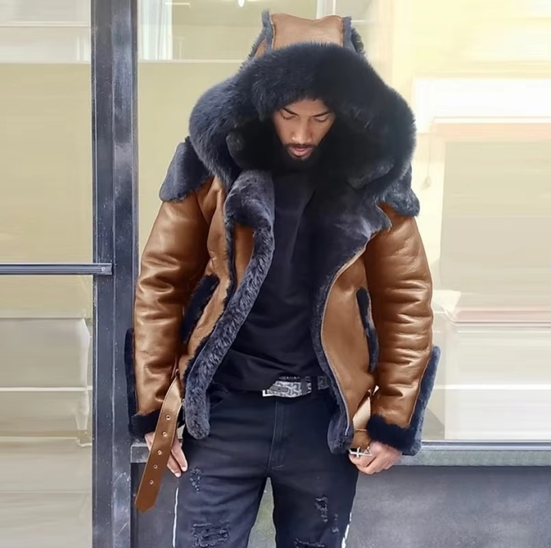Men's black heavyweight leather jacket with faux fur collar and wool lining for winter warmth