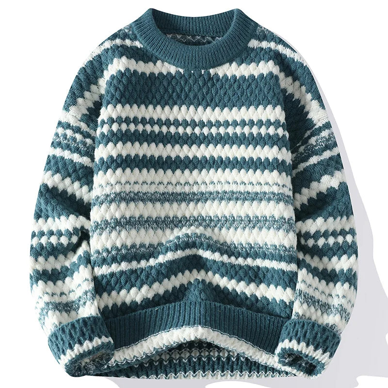 Textured stripe knit sweater relaxed crew neck mid-weight casual everyday warmth subtle pattern