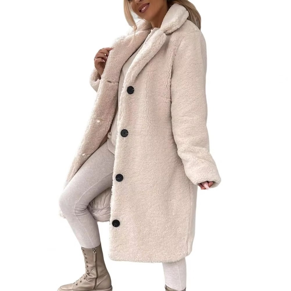 Women's oversized long teddy faux fur trench coat in plush winter warmth with longline silhouette