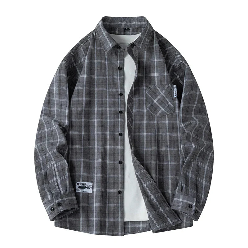 Men's oversized plaid flannel shirt in classic fall tones, soft cotton blend with stretch