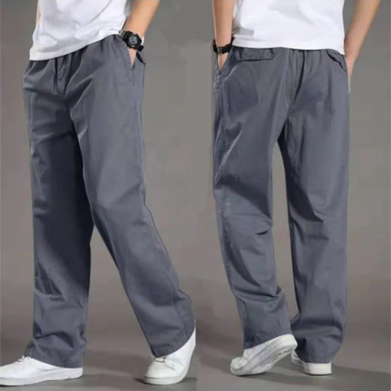 Men's wide-cut relaxed pants with elastic waistband, versatile everyday casual trousers