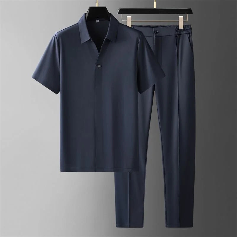 Navy blue men's dress pants set minimalist cut breathable fabric blend for polished everyday style