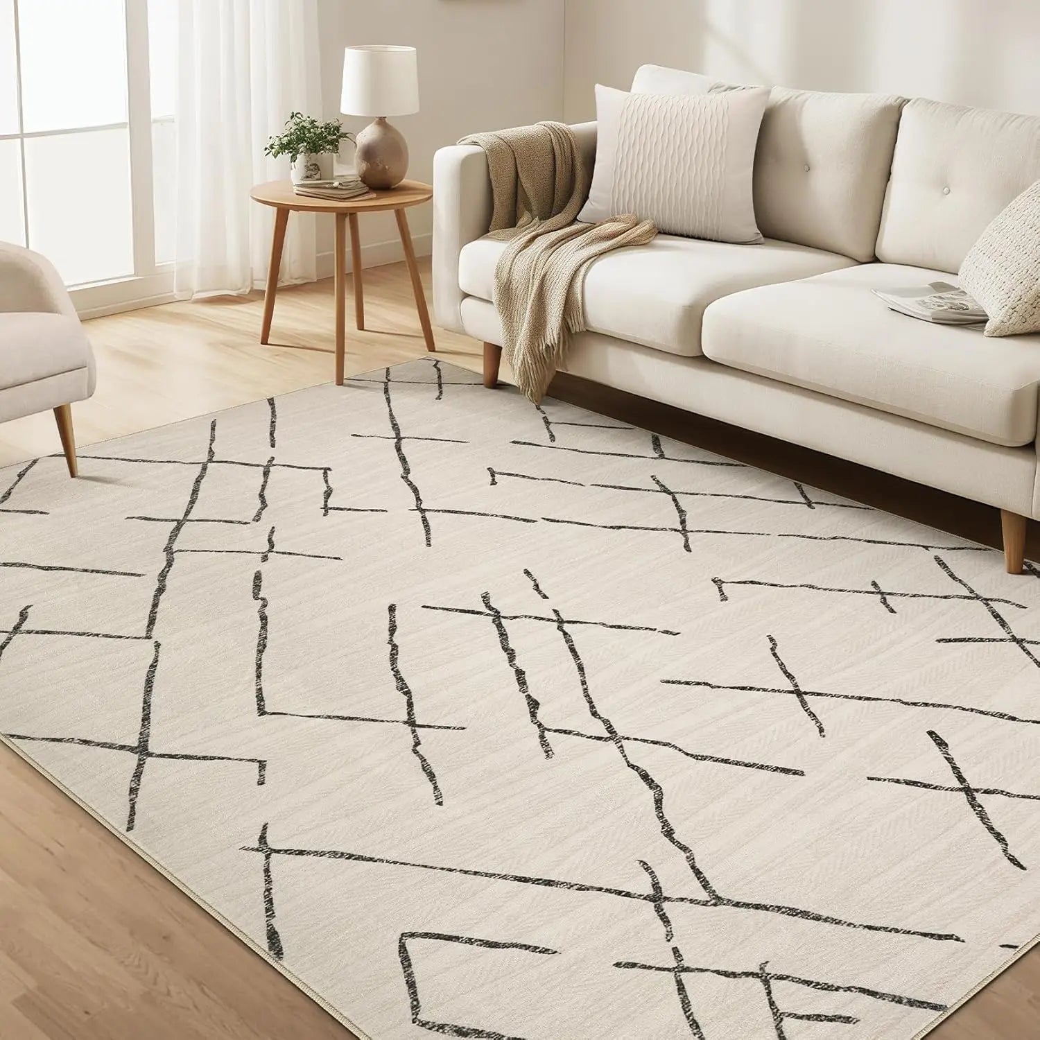 Washable Moroccan geometric boho farmhouse indoor rug, non-slip large area rug for bedroom and dining