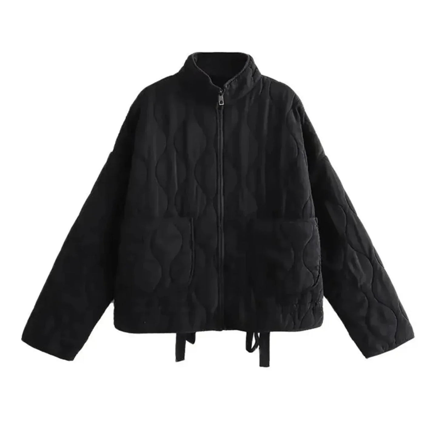 Black quilted puffer bomber jacket unisex tailored fit with zipper closure warm insulated