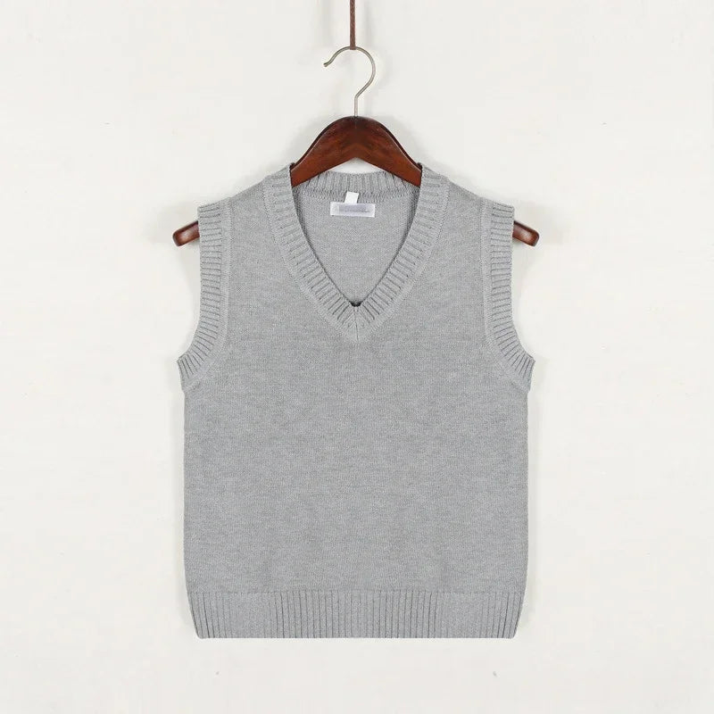 Men's thick knit sleeveless V-neck sweater vest, versatile neutral-tone autumn layer with textured finish