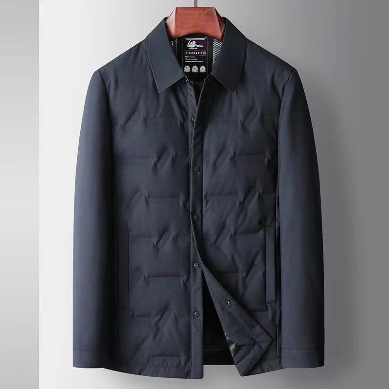 Nolan men's navy lightweight down jacket tailored waist-length fit with subtle embossed design