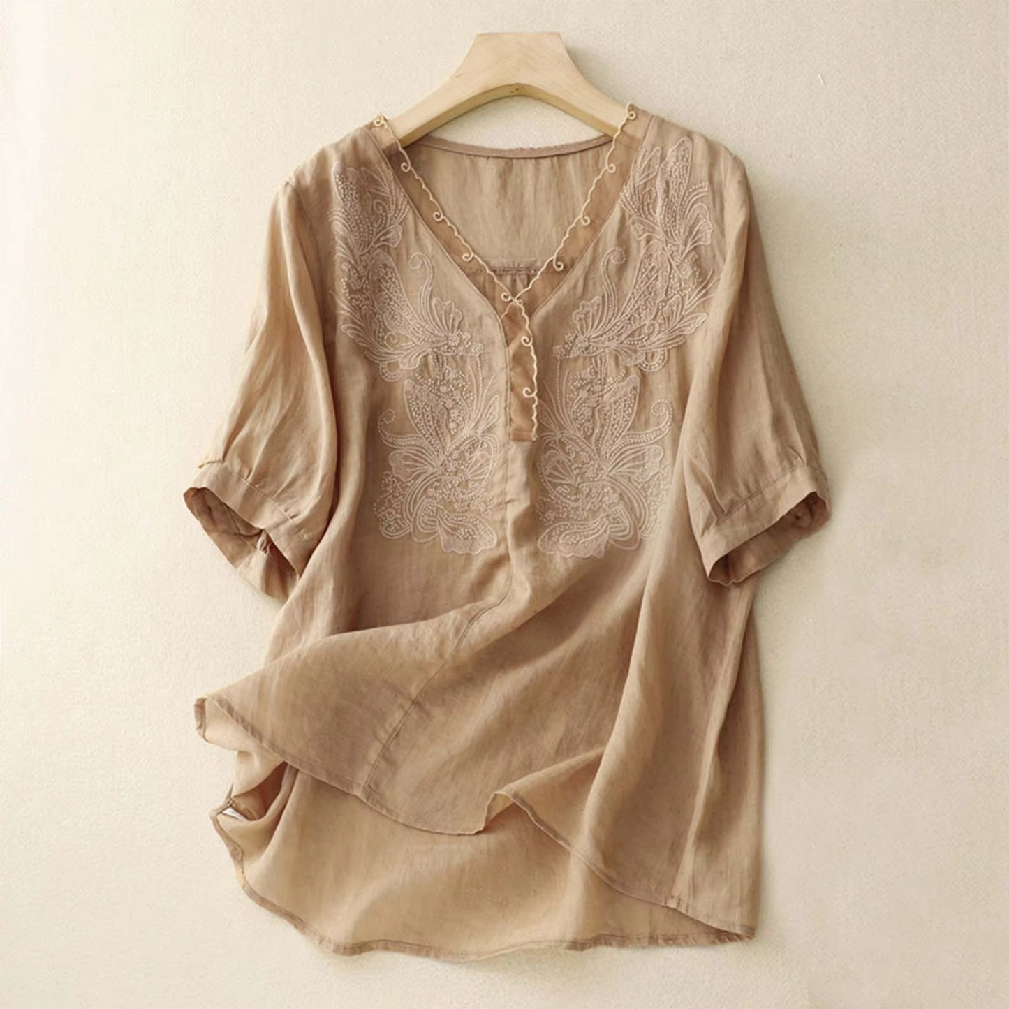 Women's vintage cotton linen blouse relaxed V-neck short sleeve summer top breathable lightweight fit